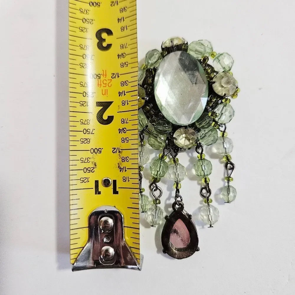 Vintage Victorian Revival Green Rhinestone Beaded Dangle Teardrop Brooch Pin